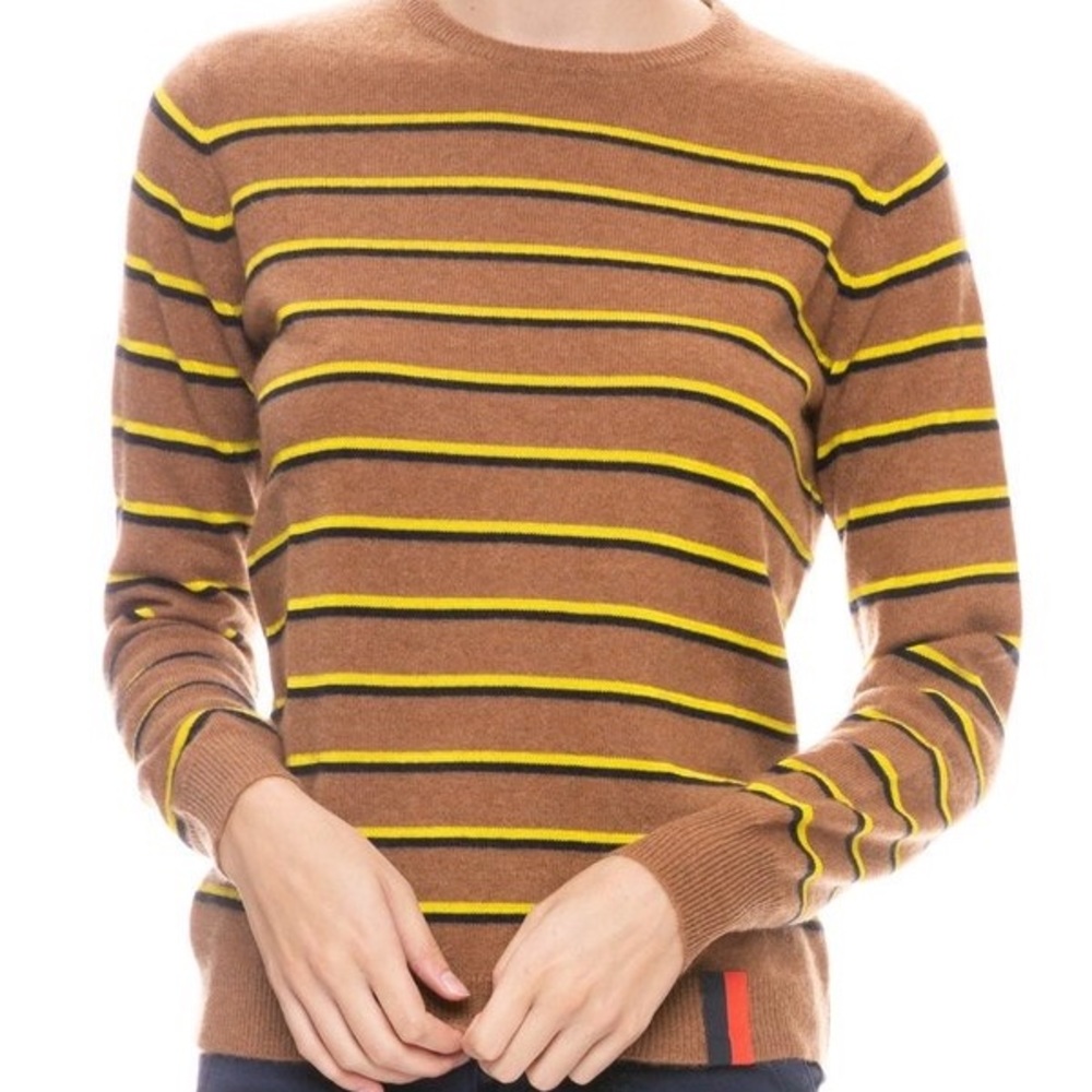 Kule Camel Cashmere Blend Samara Stripe Crewneck Sweater